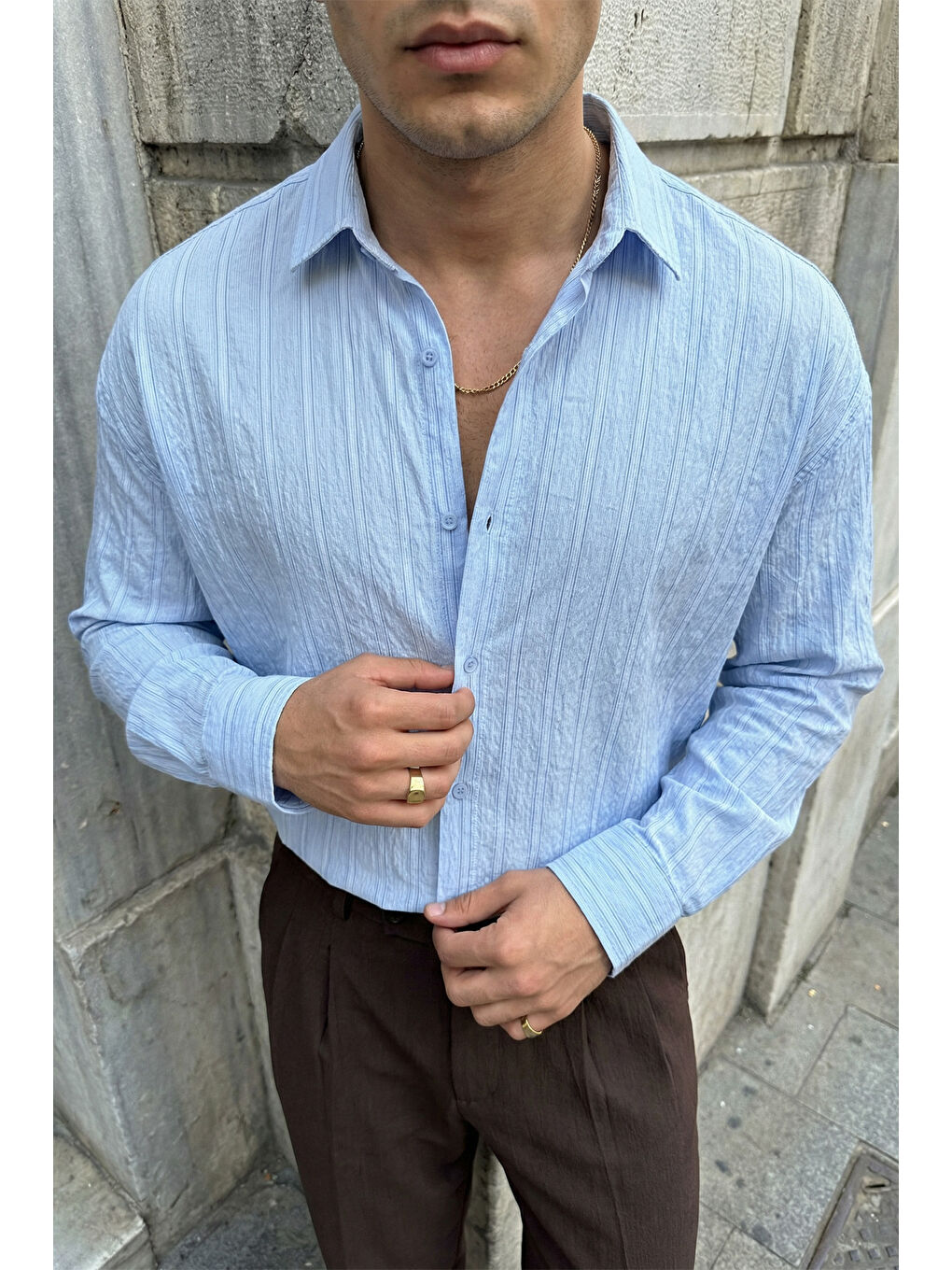 Mavi Maze Premium Oversize Erkek Gömlek Dokulu Çizgili-2