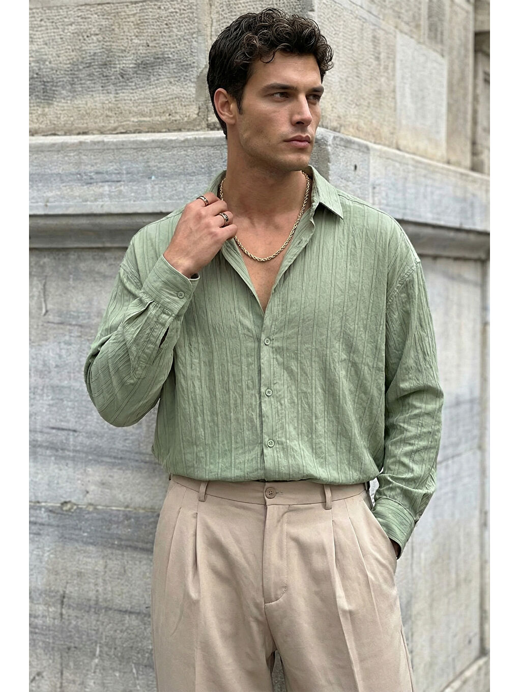 Yeşil Maze Premium Oversize Erkek Gömlek Dokulu Çizgili-6