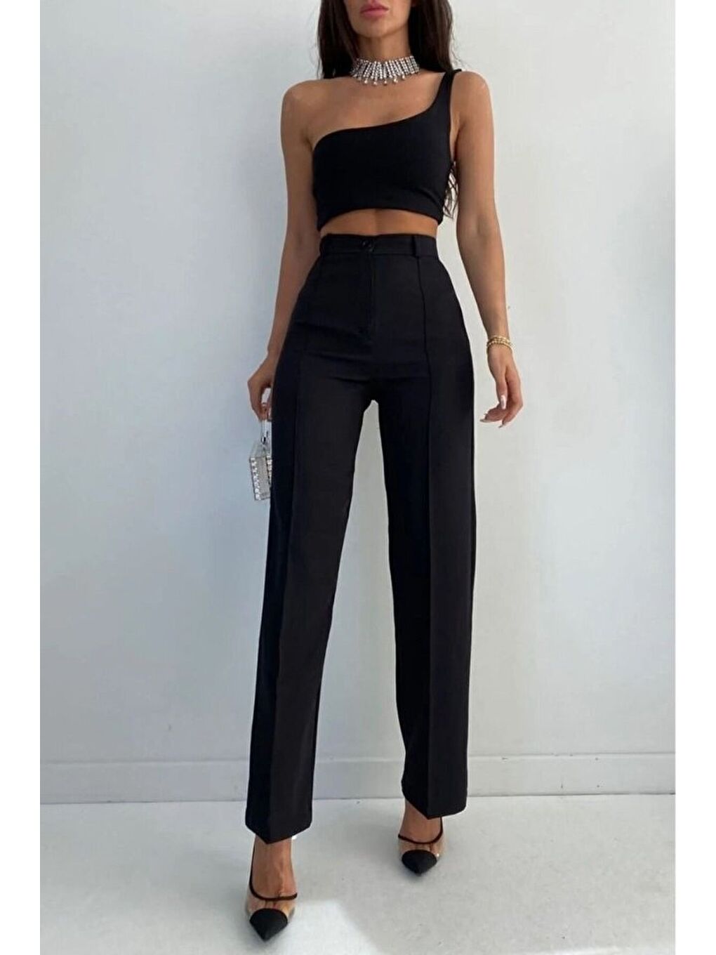 Siyah Kadın Yüksek Bel Pileli Palazzo Pantolon-1