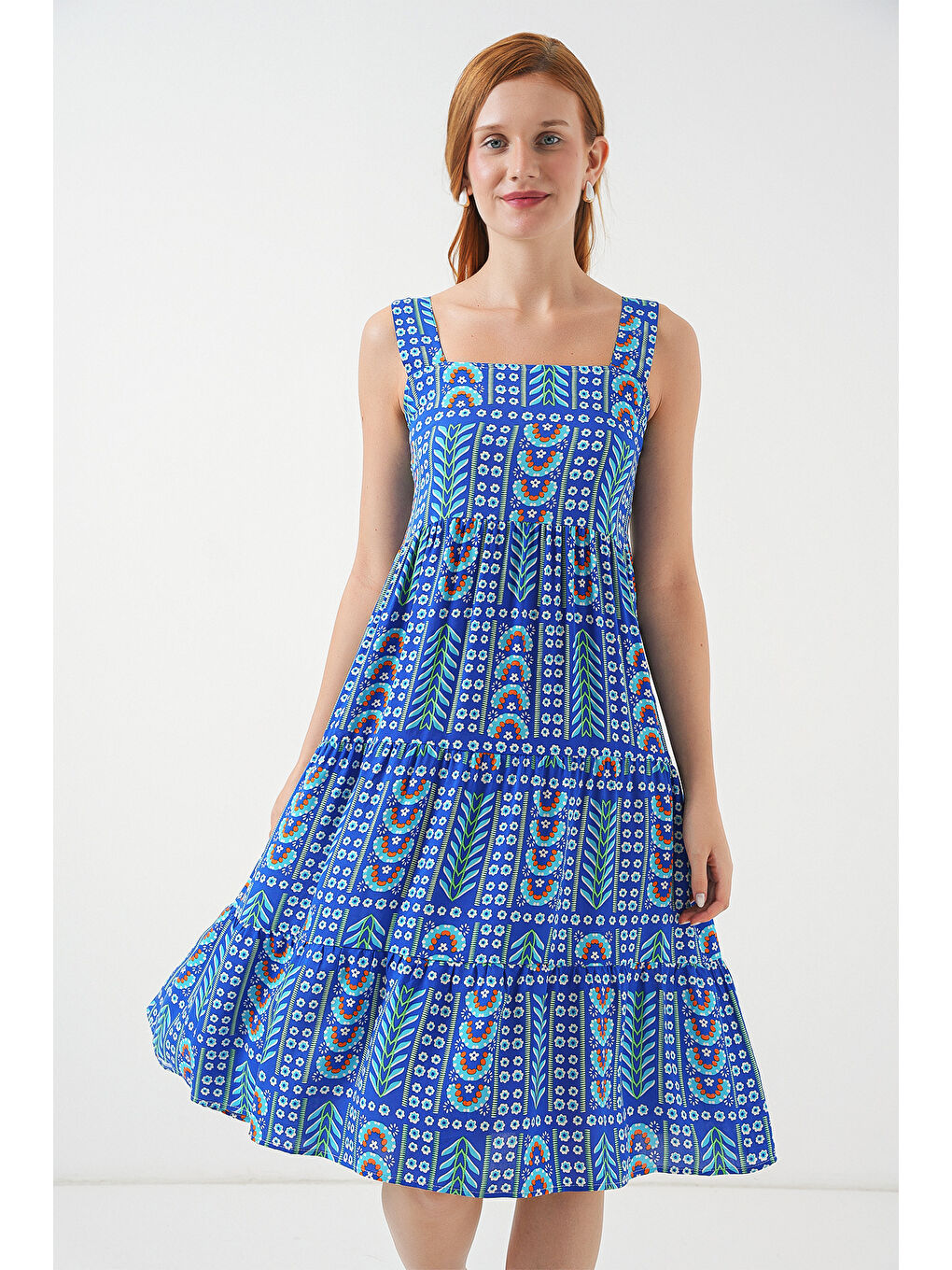 Mavi Kadın Desenli Askılı Midi Elbise 2577 - Saks