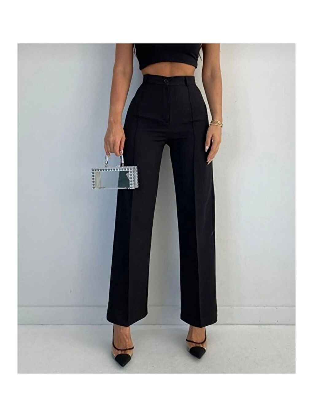 Siyah Kadın Yüksek Bel Pileli Palazzo Pantolon-2