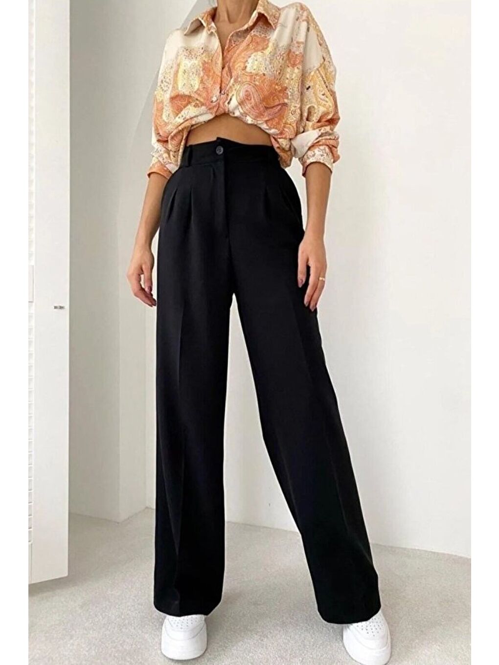 Siyah Kadın Yüksek Bel Pileli Palazzo Pantolon-3