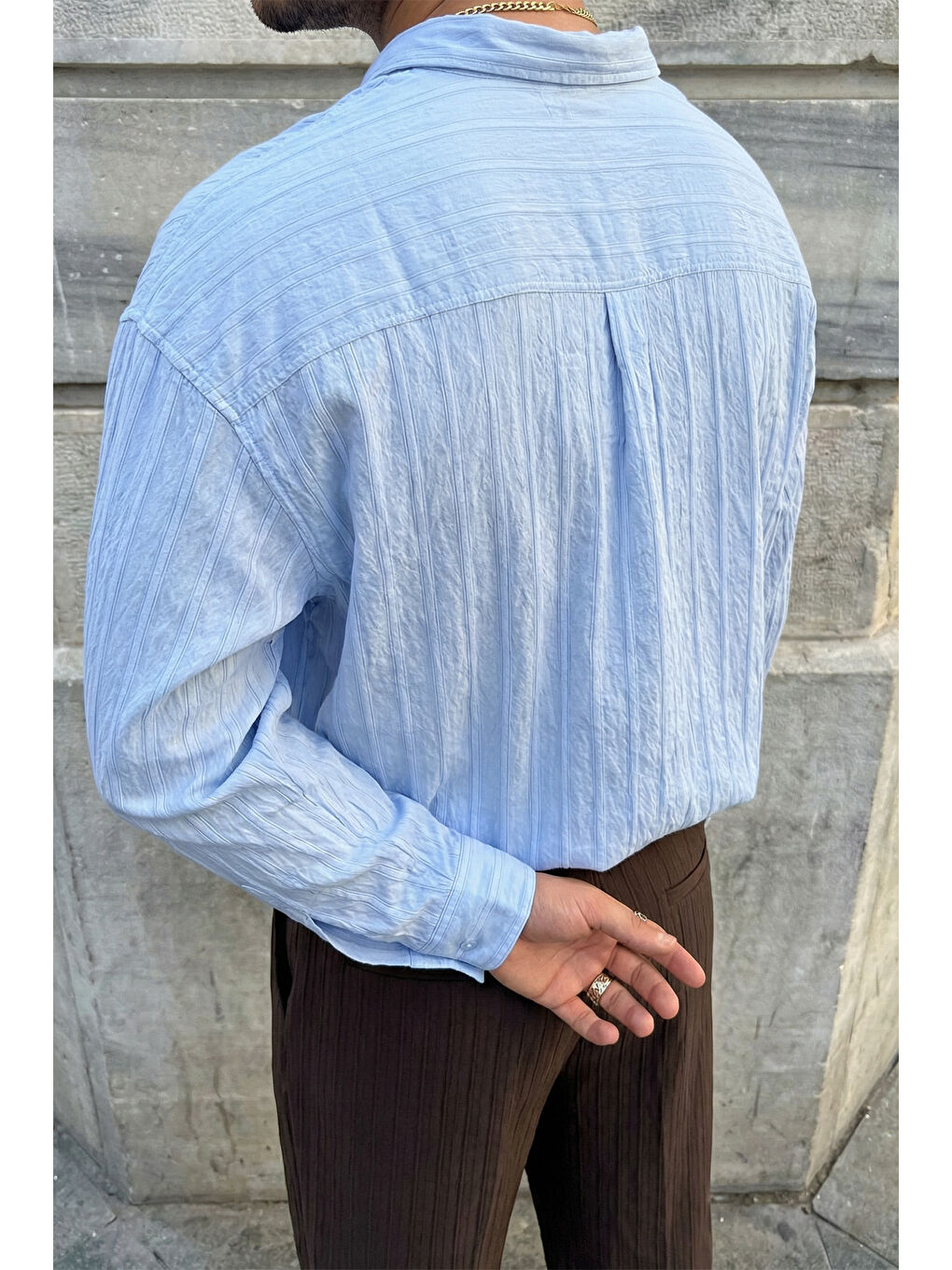 Mavi Maze Premium Oversize Erkek Gömlek Dokulu Çizgili-3