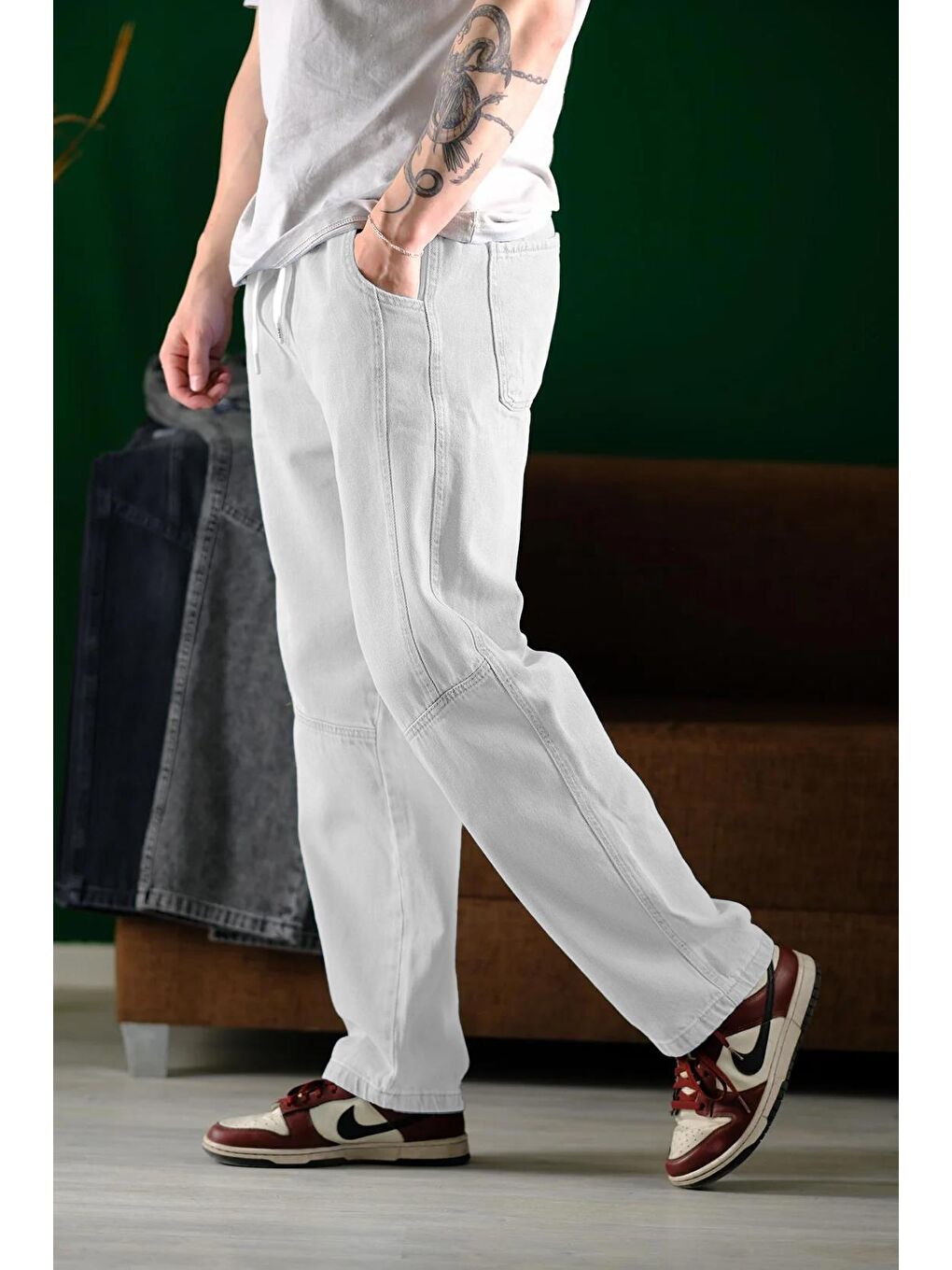 Gri Reax Camils Beli Lastikli İpli Düz Paça Rahat Kesim Erkek Jean Pantolon-1