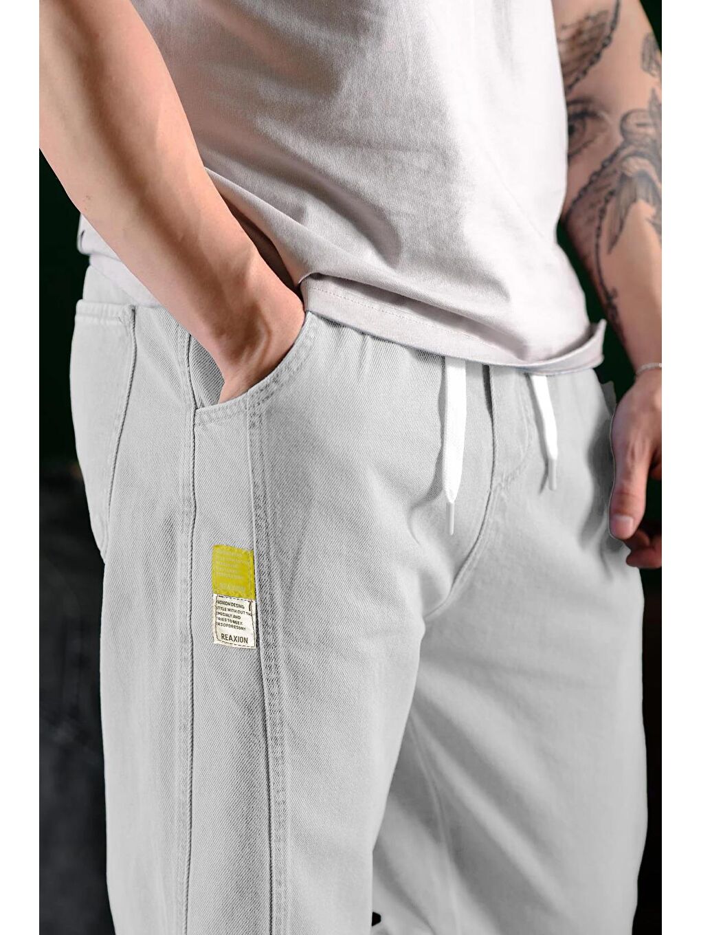 Gri Reax Camils Beli Lastikli İpli Düz Paça Rahat Kesim Erkek Jean Pantolon-2
