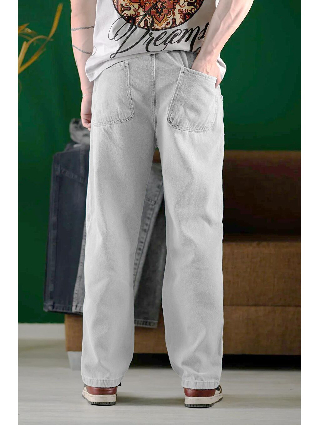 Gri Reax Camils Beli Lastikli İpli Düz Paça Rahat Kesim Erkek Jean Pantolon-3