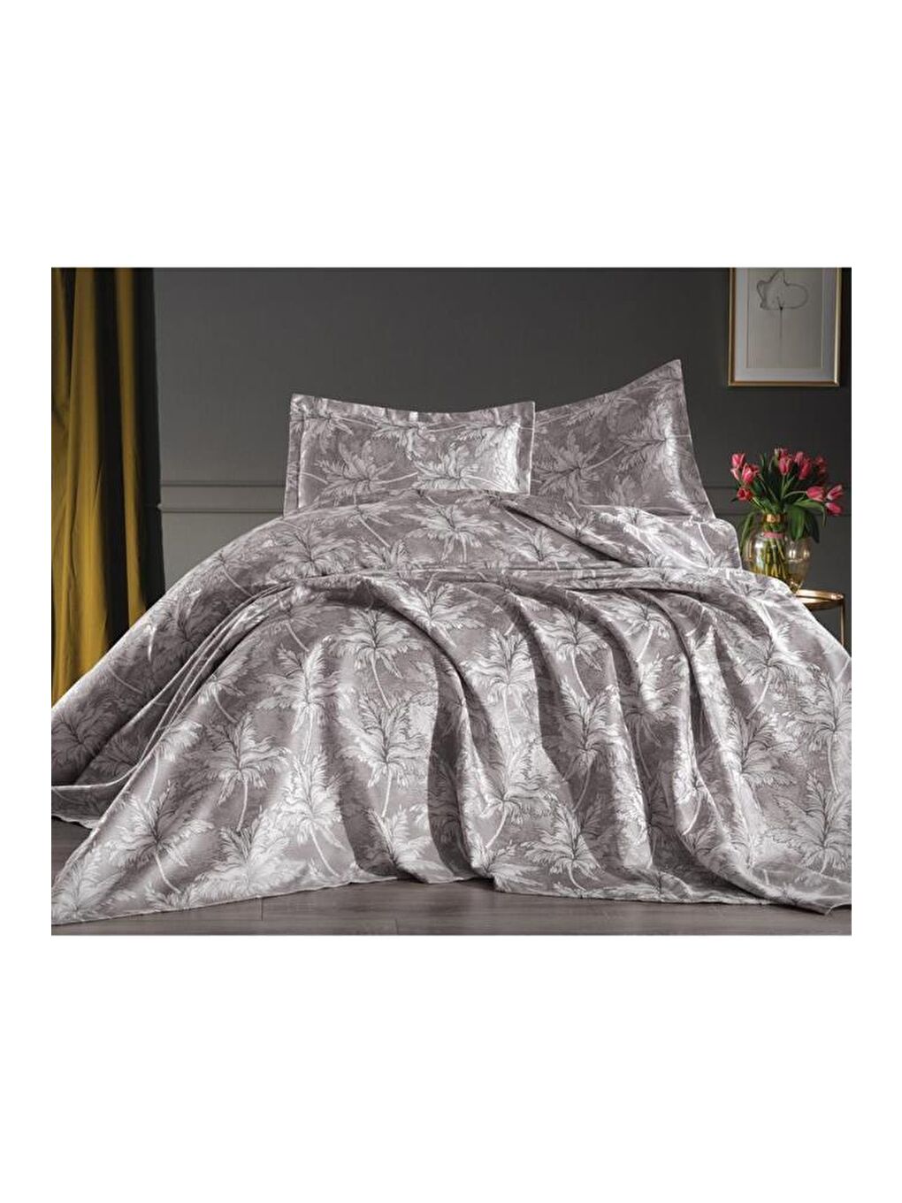 Palma Jakarlı Şönil Çift Kişilik Pike Seti Gri-2