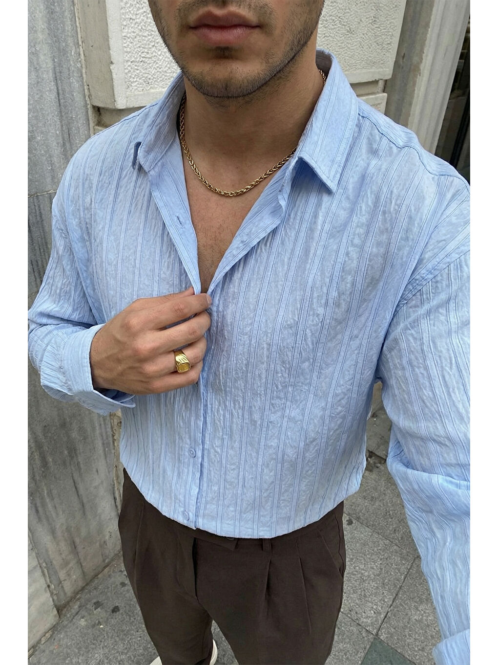 Mavi Maze Premium Oversize Erkek Gömlek Dokulu Çizgili-4