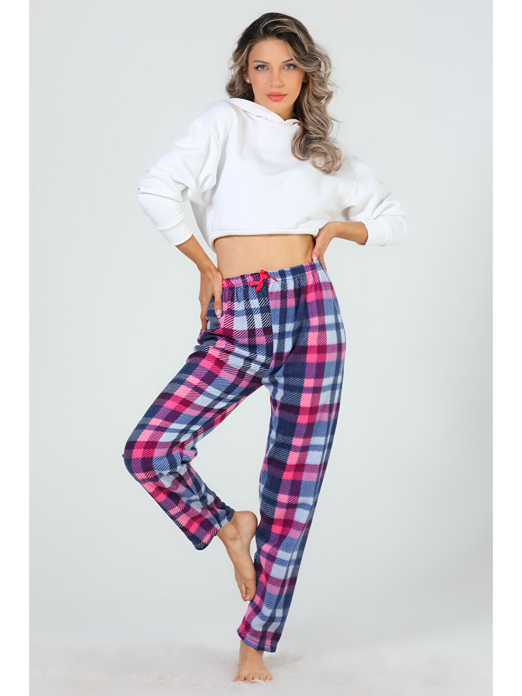 Fuşya Kadın Desenli Polar Alt Pijama-2