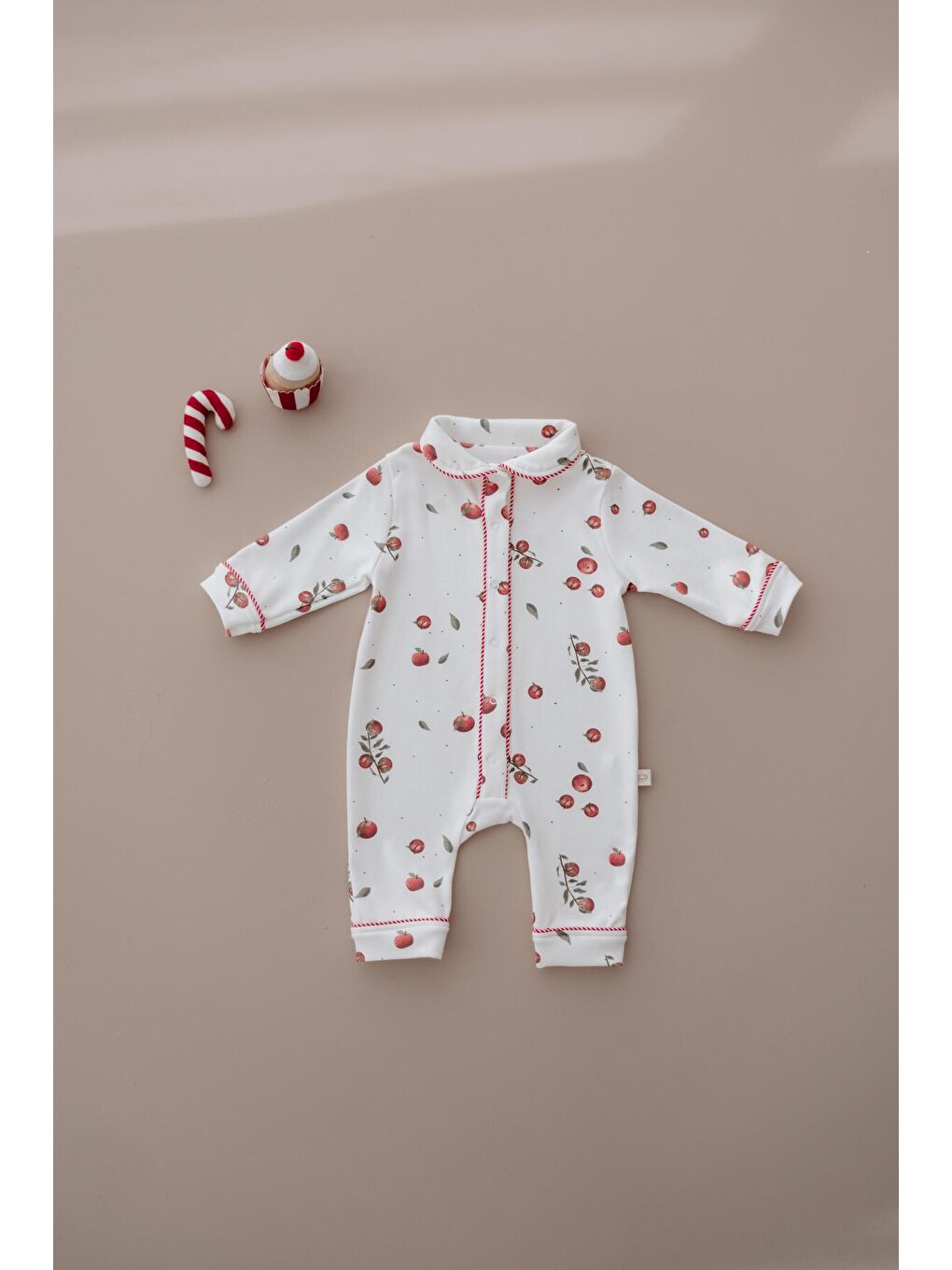 Ekru Elma Baskılı Çıt Çıtlı Puffy Sleep Serisi Tulum-5