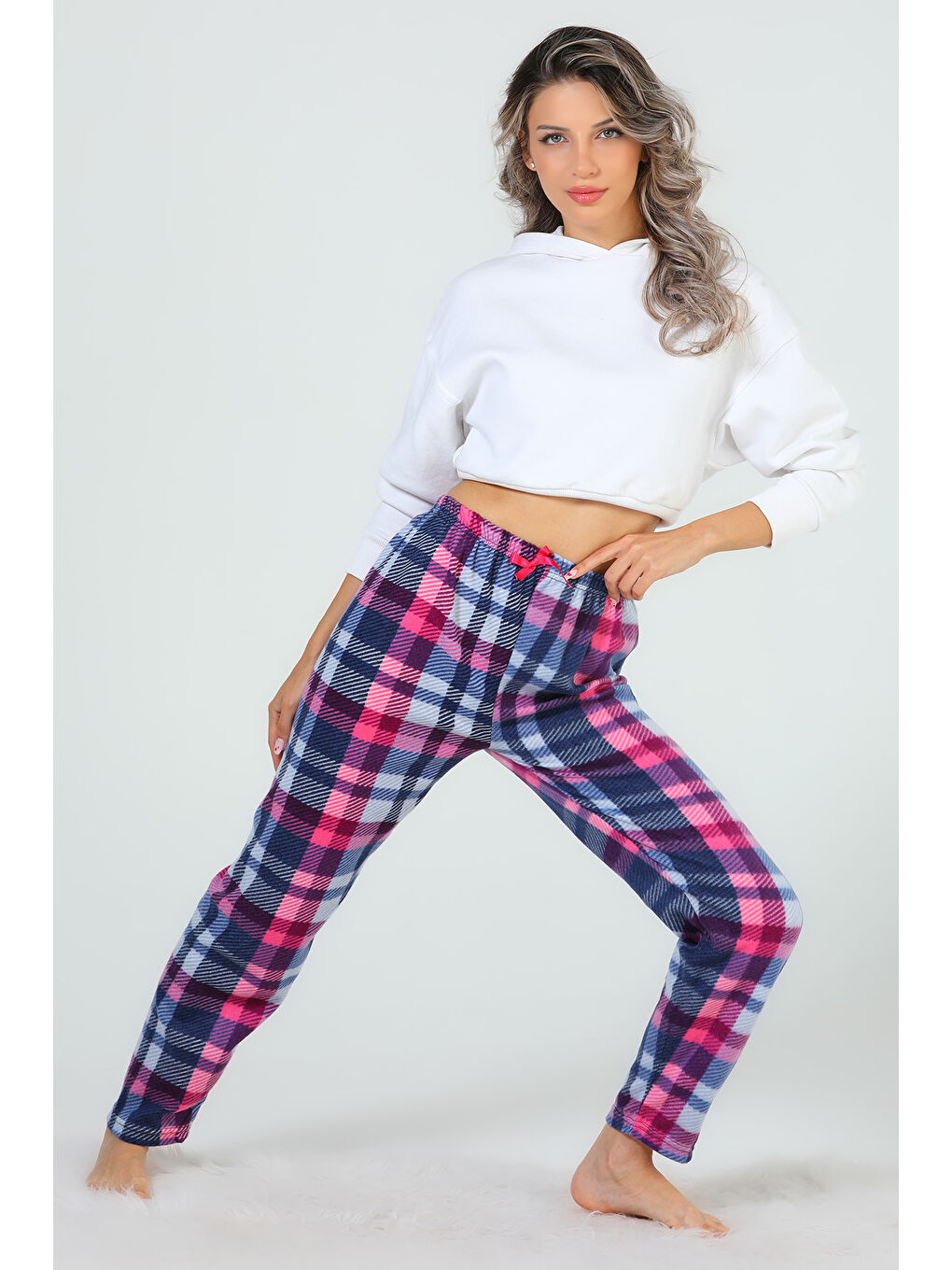 Fuşya Kadın Desenli Polar Alt Pijama-3