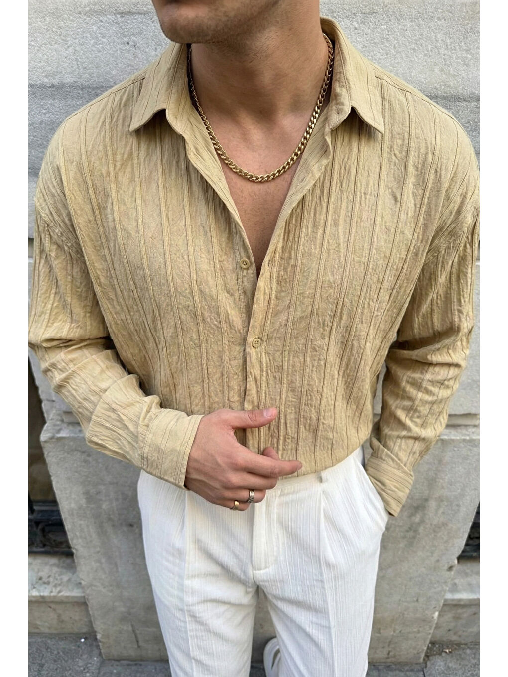 Bej Maze Premium Oversize Erkek Gömlek Dokulu Çizgili-1