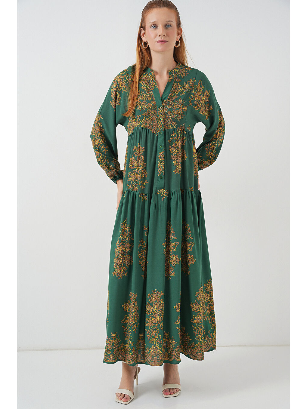 Yeşil Kadın Desenli Uzun Tesettür Elbise 2585 - Y.Zümrüt-2