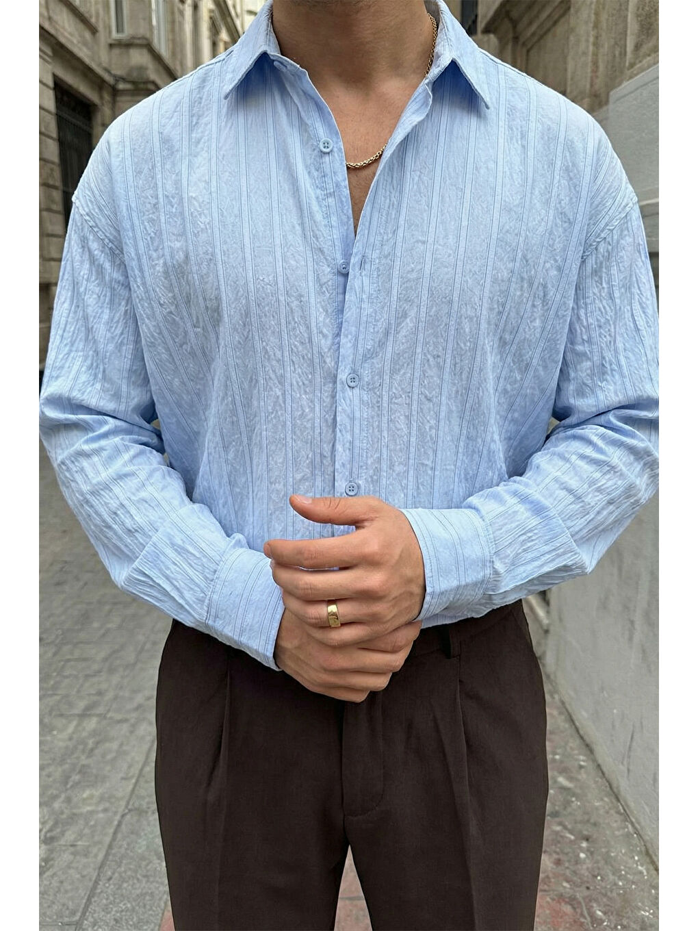 Mavi Maze Premium Oversize Erkek Gömlek Dokulu Çizgili-5