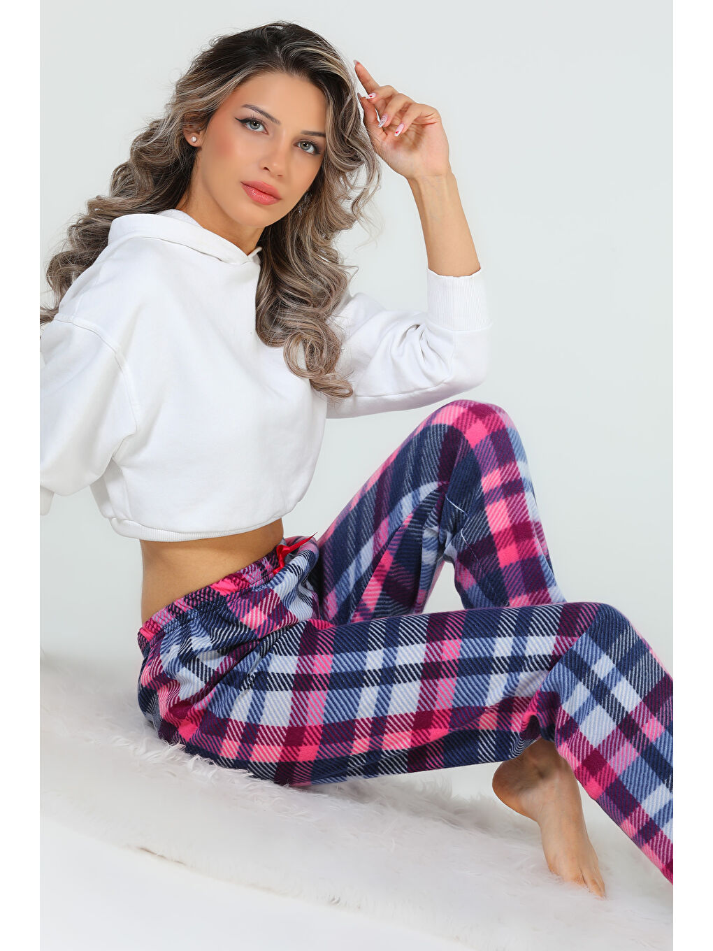 Fuşya Kadın Desenli Polar Alt Pijama-4