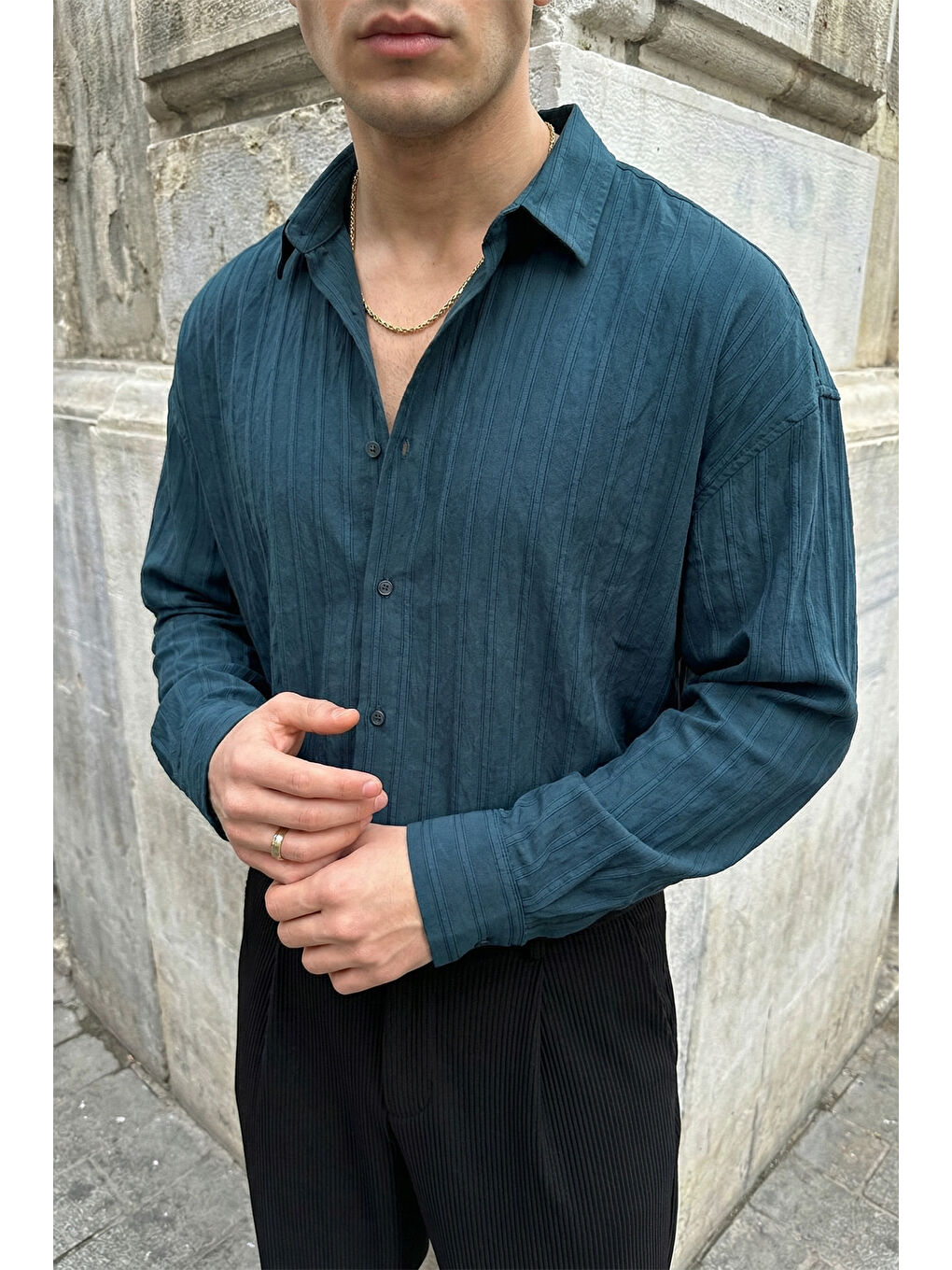 Petrol Maze Premium Oversize Erkek Gömlek Dokulu Çizgili-1