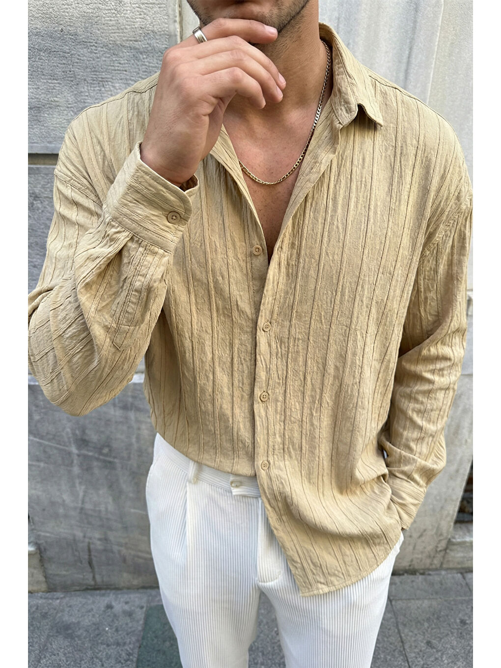 Bej Maze Premium Oversize Erkek Gömlek Dokulu Çizgili-2