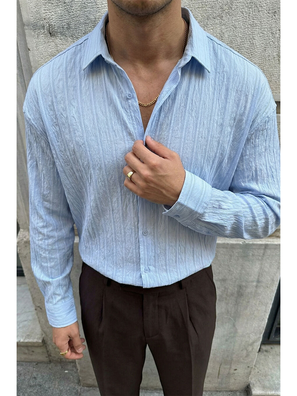 Mavi Maze Premium Oversize Erkek Gömlek Dokulu Çizgili-6