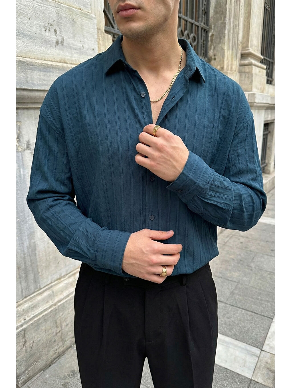 Petrol Maze Premium Oversize Erkek Gömlek Dokulu Çizgili-2