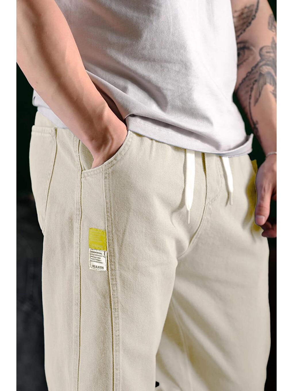Ekru Reax Camils Beli Lastikli İpli Düz Paça Rahat Kesim Erkek Jean Pantolon-1