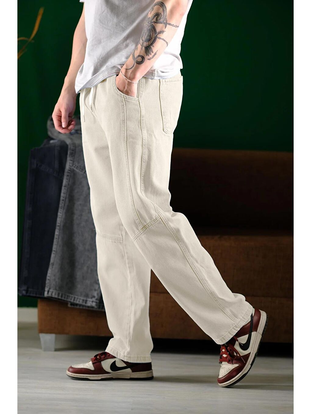 Ekru Reax Camils Beli Lastikli İpli Düz Paça Rahat Kesim Erkek Jean Pantolon-2