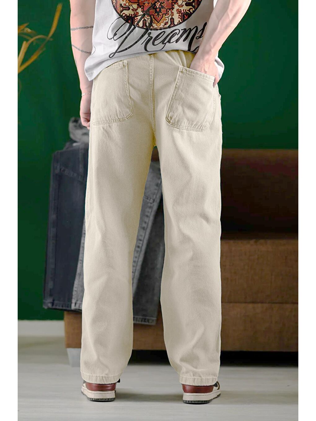 Ekru Reax Camils Beli Lastikli İpli Düz Paça Rahat Kesim Erkek Jean Pantolon-3