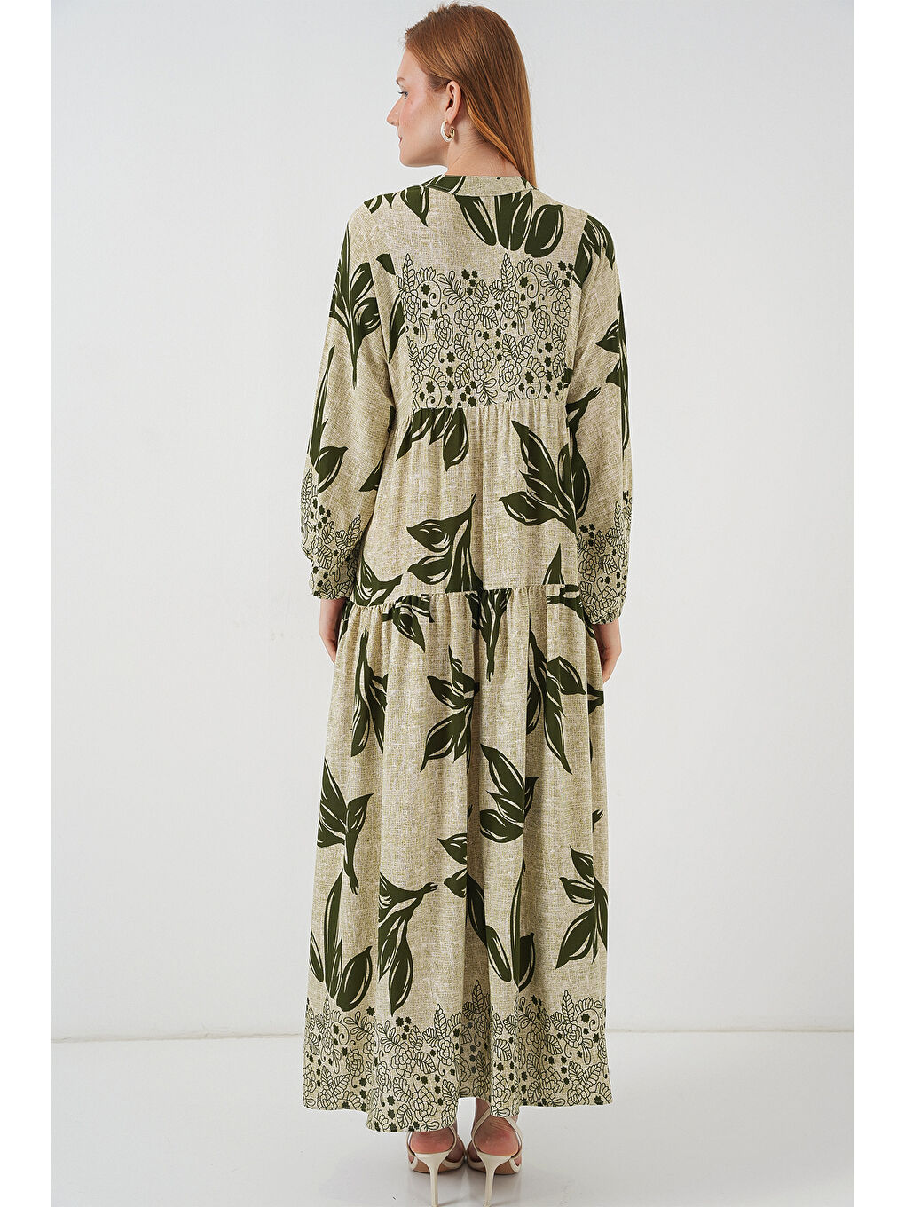 Kadın Desenli Uzun Tesettür Elbise 2585 - E.Yeşil-5