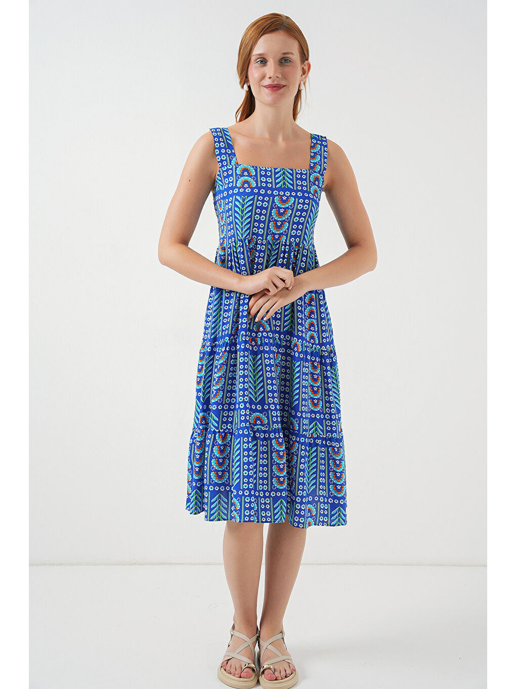 Mavi Kadın Desenli Askılı Midi Elbise 2577 - Saks-1