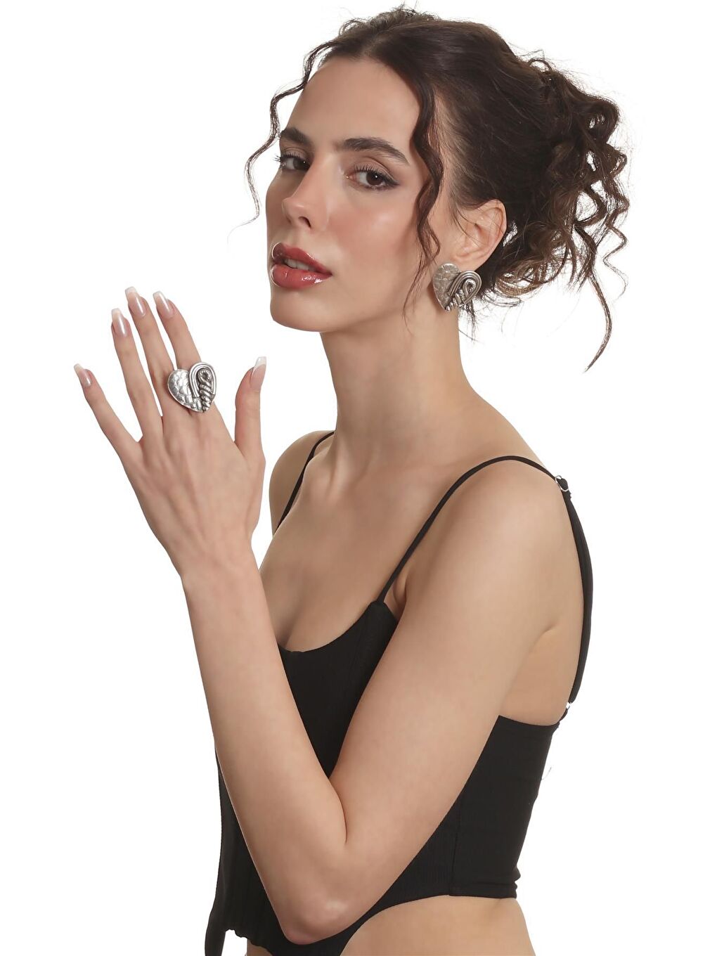 Gri Kadın Antik Gümüş Kaplama Çivili Model Gotik Kalp Stilizesi Küpe &Yüzük Set-3