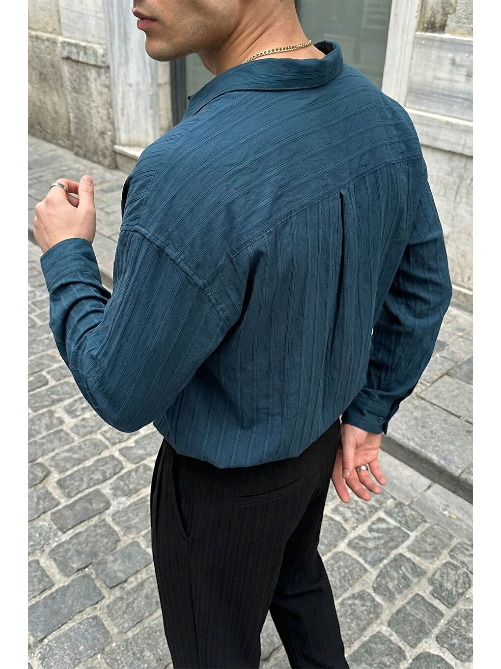 Petrol Maze Premium Oversize Erkek Gömlek Dokulu Çizgili-3