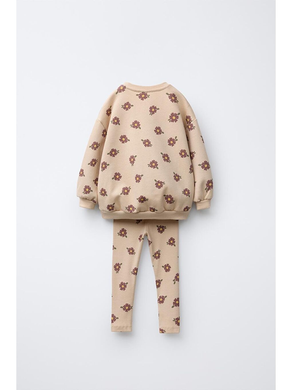 Kız Çocuk Pamuklu Bej Çiçek Desenli Sweatshirt Ve Tayt Takımı - Yumuşak Dokulu-1