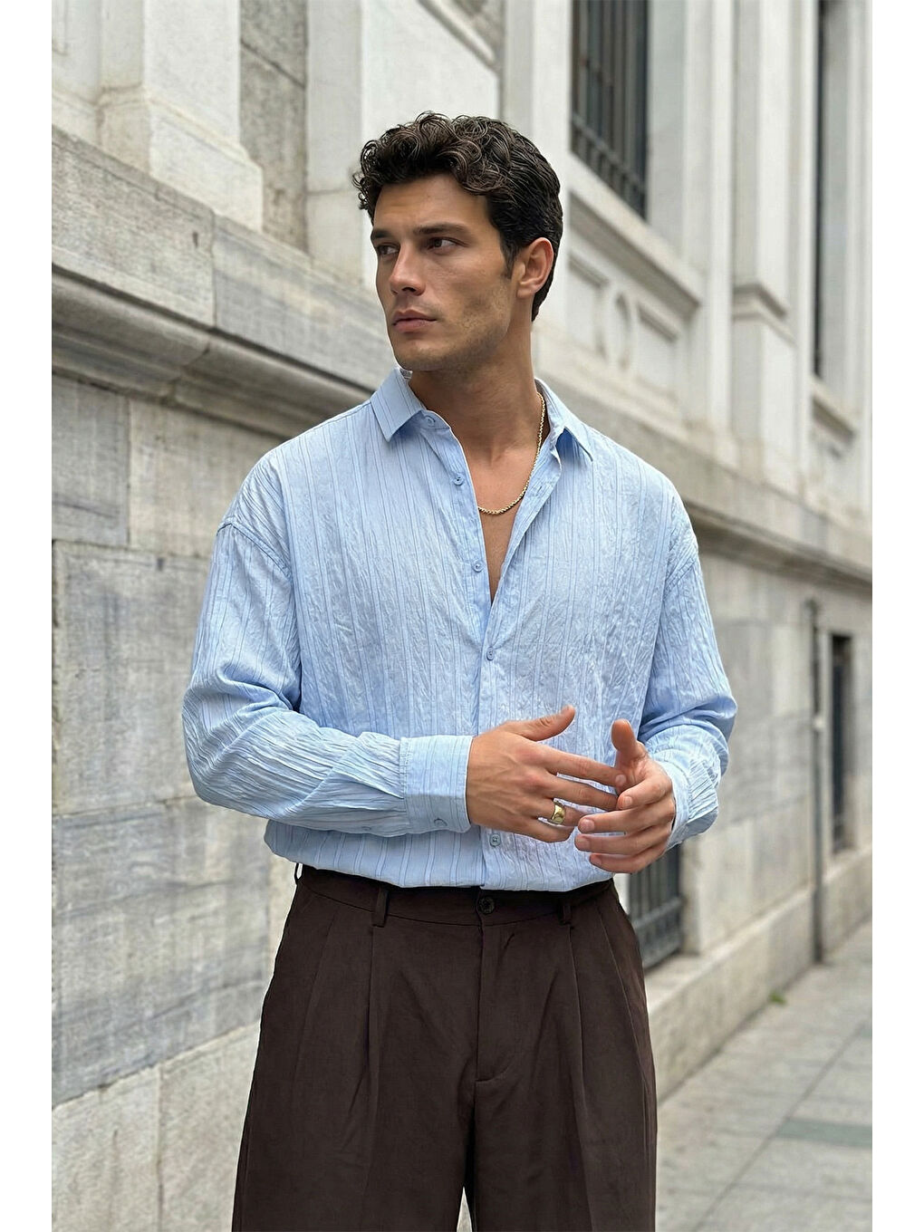 Mavi Maze Premium Oversize Erkek Gömlek Dokulu Çizgili-7