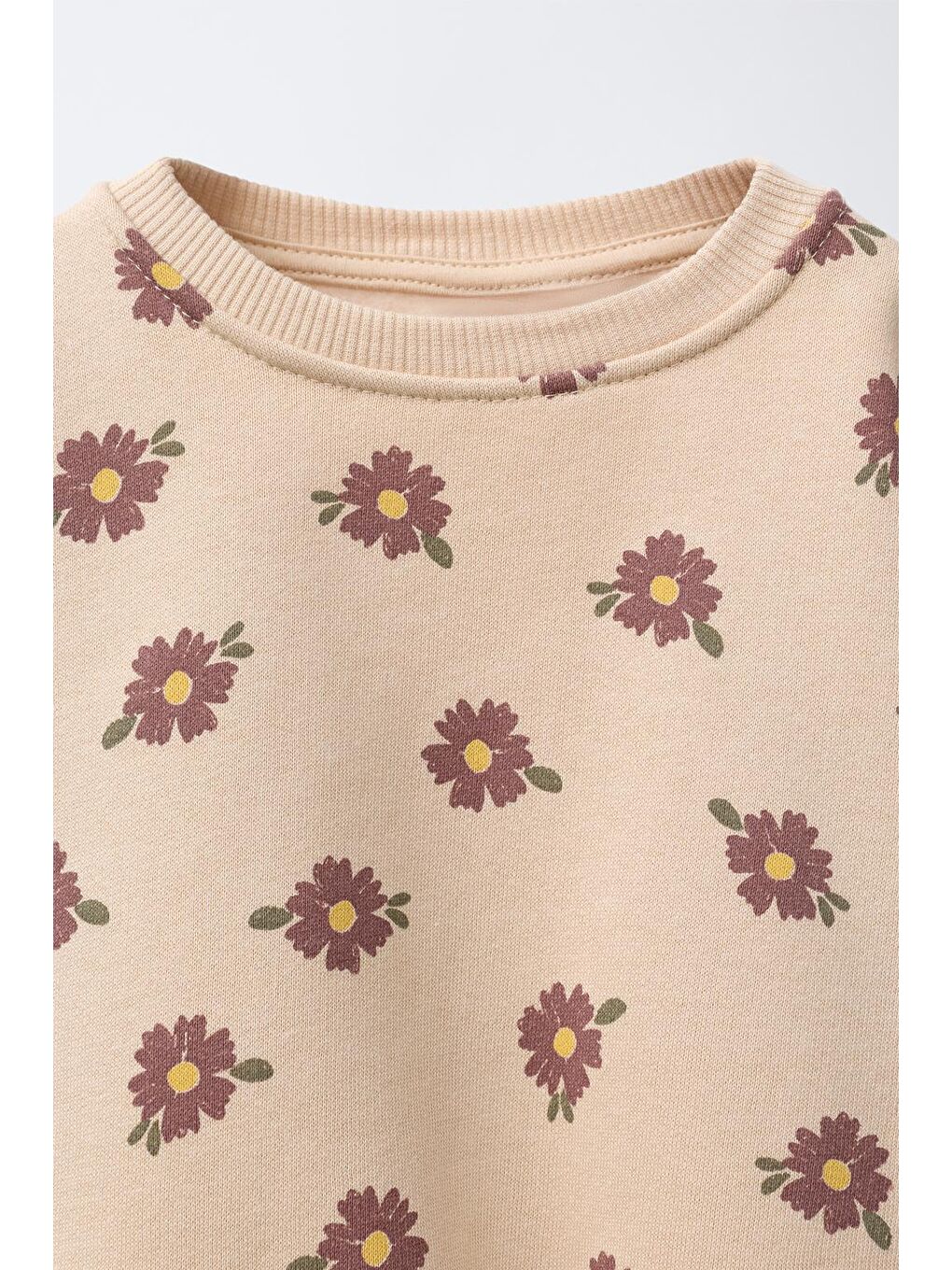 Kız Çocuk Pamuklu Bej Çiçek Desenli Sweatshirt Ve Tayt Takımı - Yumuşak Dokulu-2