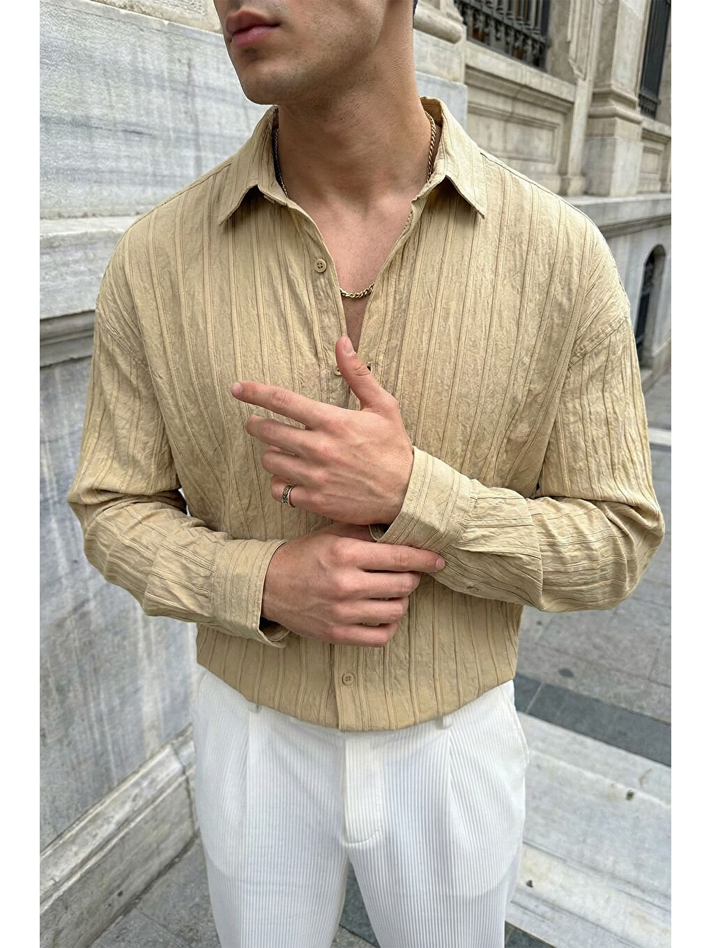 Bej Maze Premium Oversize Erkek Gömlek Dokulu Çizgili-3