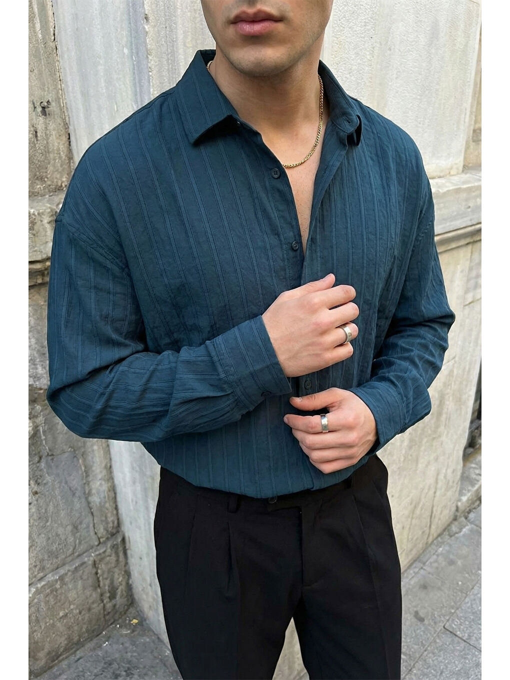 Petrol Maze Premium Oversize Erkek Gömlek Dokulu Çizgili-4