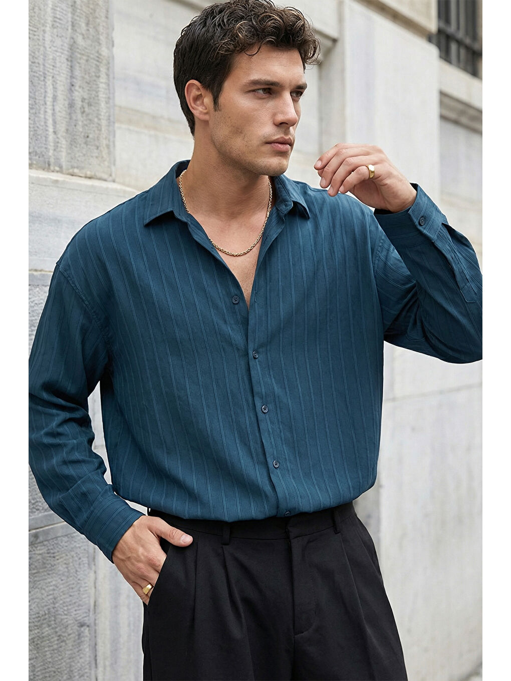 Petrol Maze Premium Oversize Erkek Gömlek Dokulu Çizgili-5