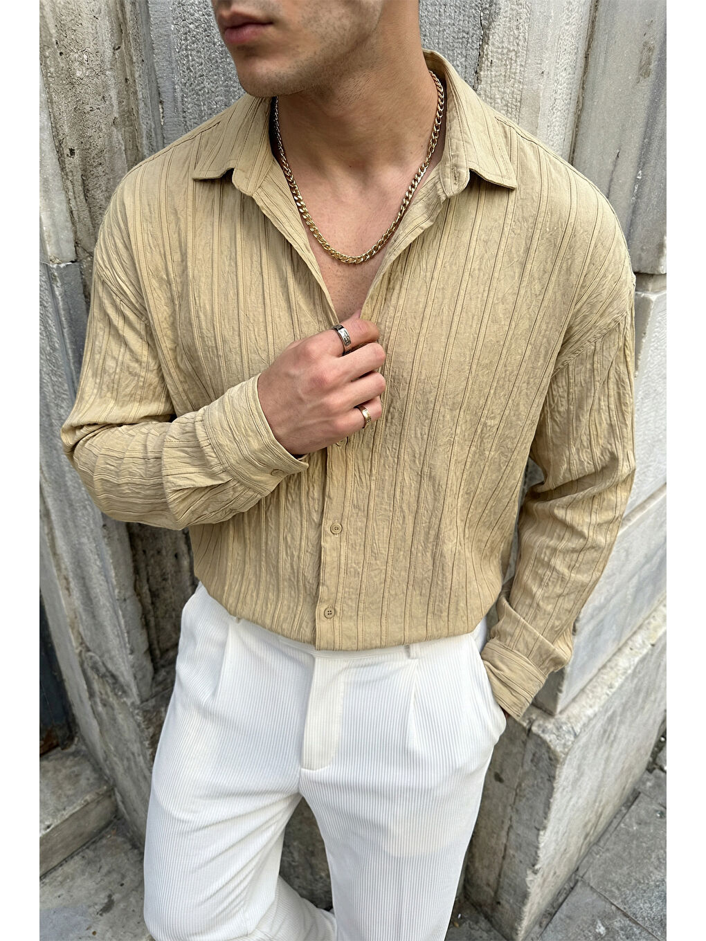 Bej Maze Premium Oversize Erkek Gömlek Dokulu Çizgili-4