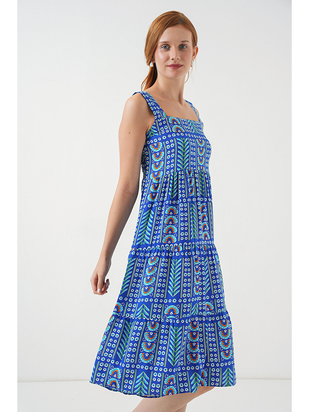 Mavi Kadın Desenli Askılı Midi Elbise 2577 - Saks-2