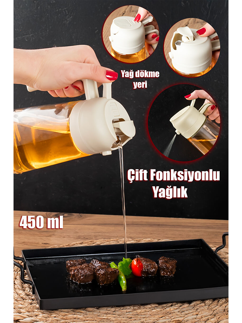 Ekru ALK-3154 Çok Amaçlı Cam Sprey Şişe -Yağdanlık Sirke Sos Püskürtücü, Sızdırmaz Standlı Yağdanlık Krem