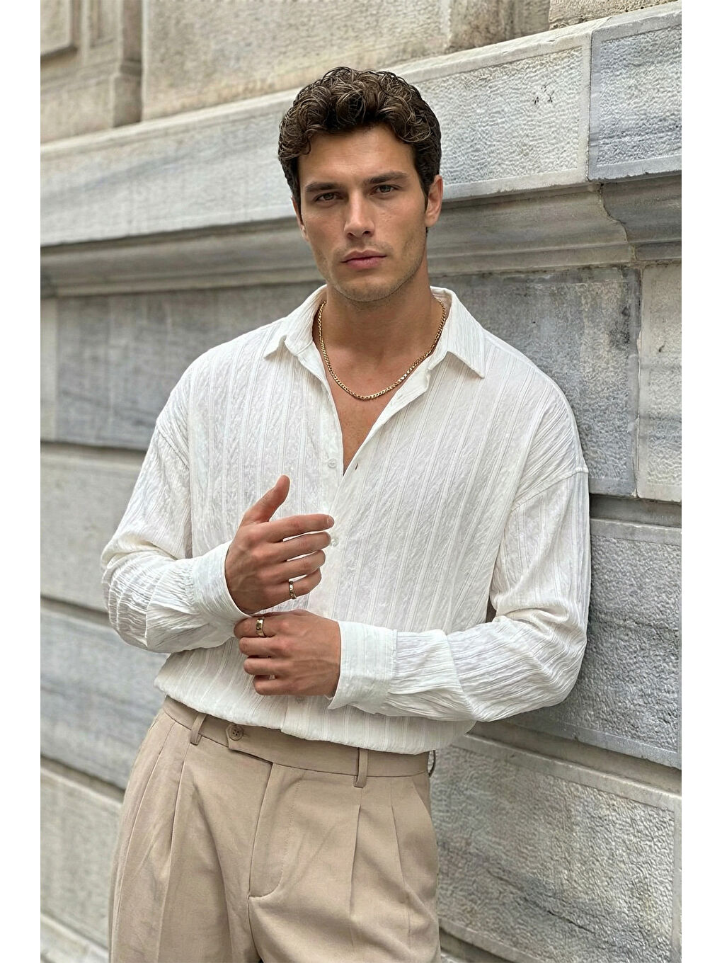 Beyaz Maze Premium Oversize Erkek Gömlek Dokulu Çizgili