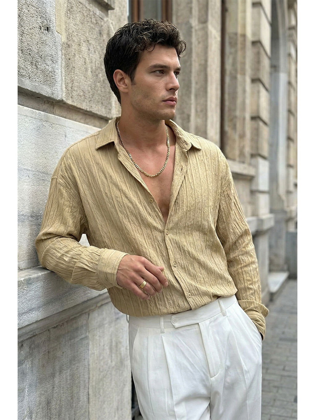 Bej Maze Premium Oversize Erkek Gömlek Dokulu Çizgili-5