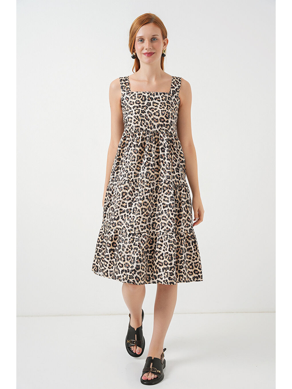 Kadın Desenli Askılı Midi Elbise 2577 - C. Kahverengi-1