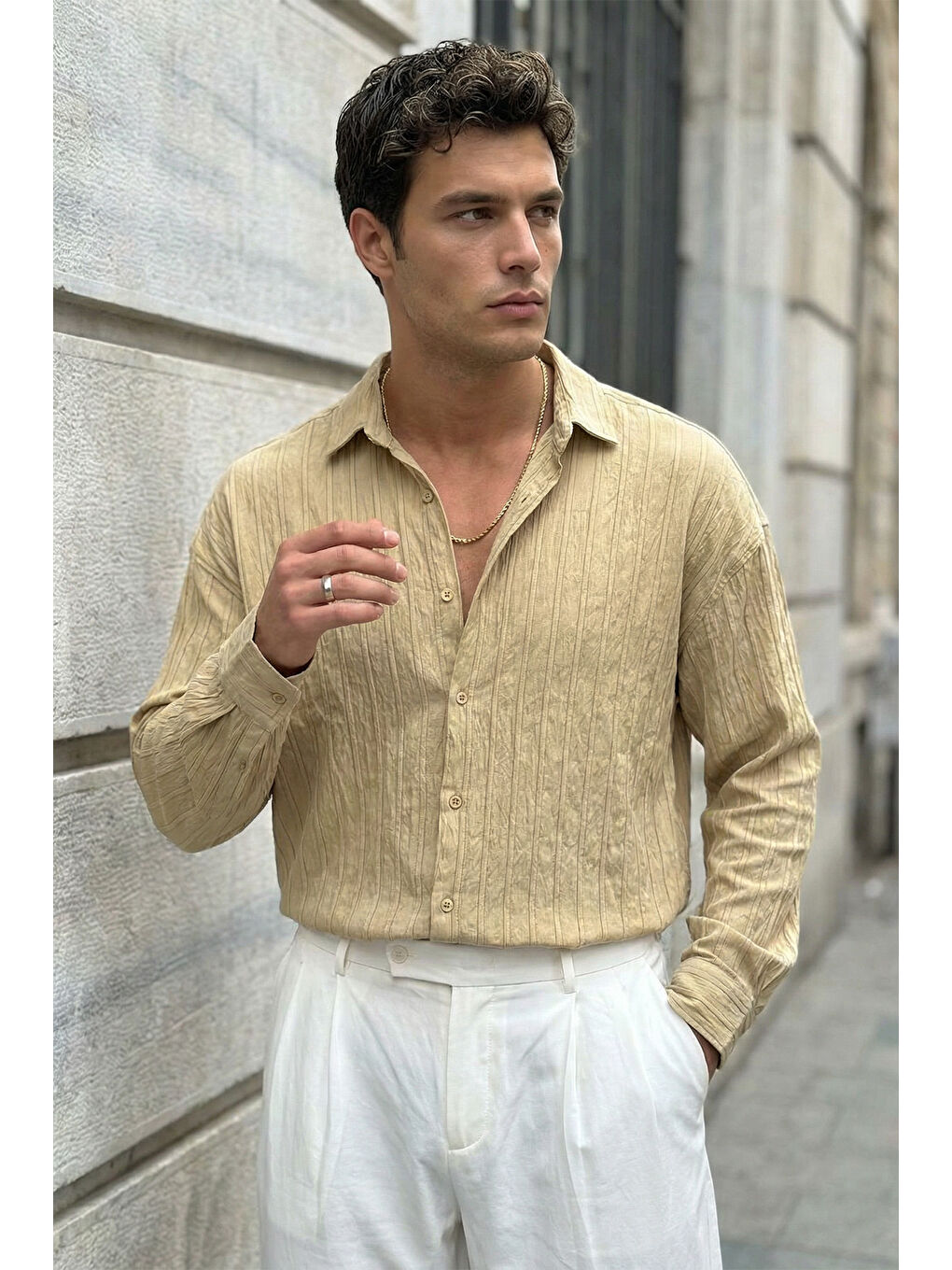 Bej Maze Premium Oversize Erkek Gömlek Dokulu Çizgili-6