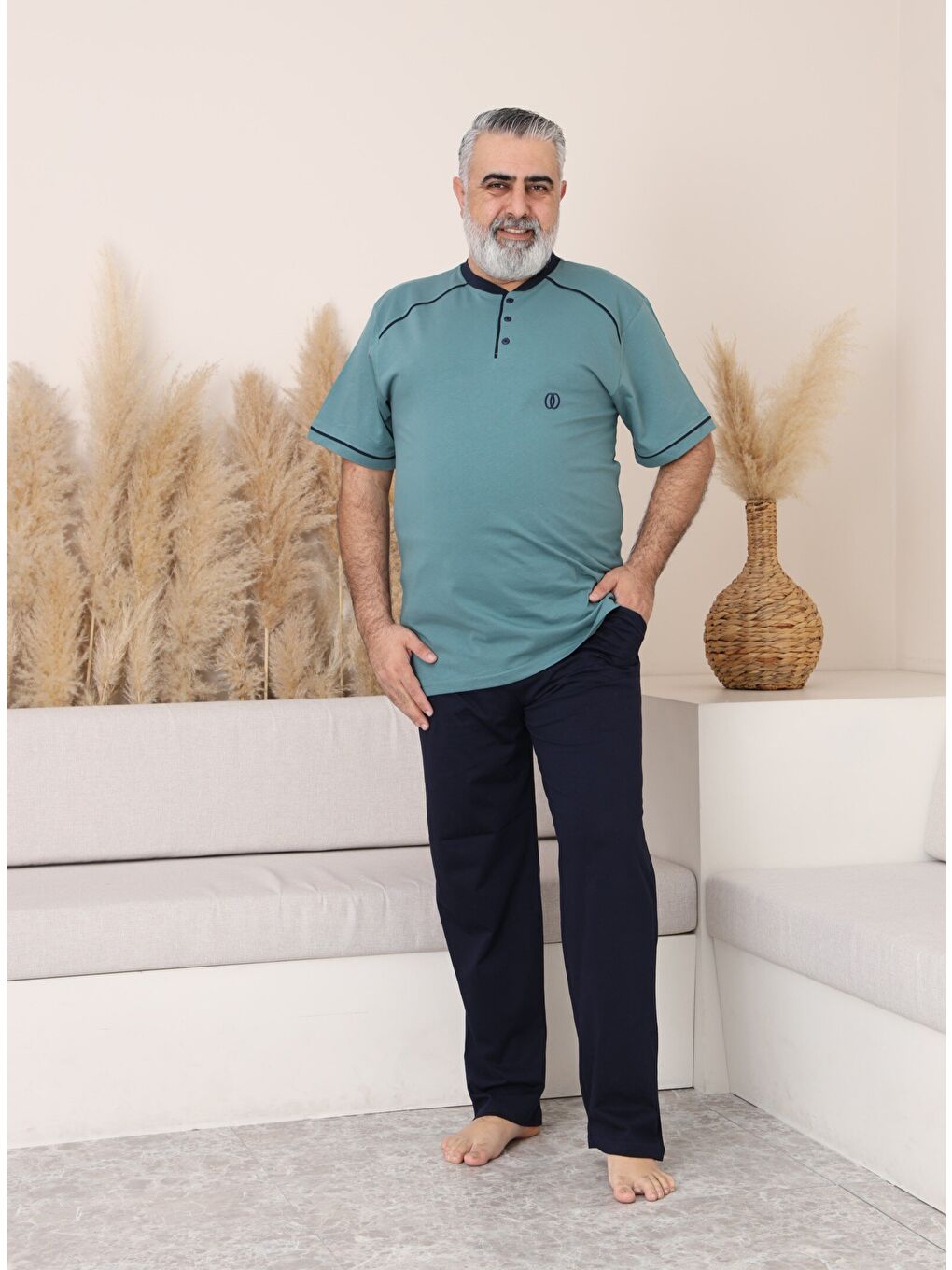 Yeşil PREMIUM Erkek %100 Doğal Pamuk Biyeli Yüksek Kaliteli Düğmeli Kısa Kollu Battal Pijama Takımı