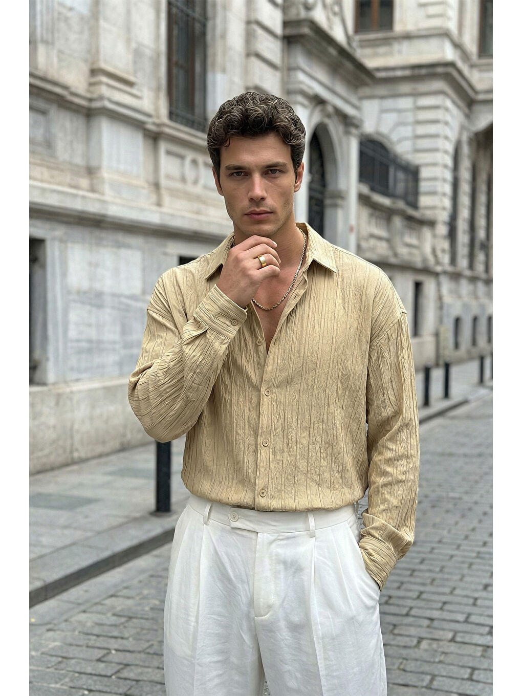 Bej Maze Premium Oversize Erkek Gömlek Dokulu Çizgili-7