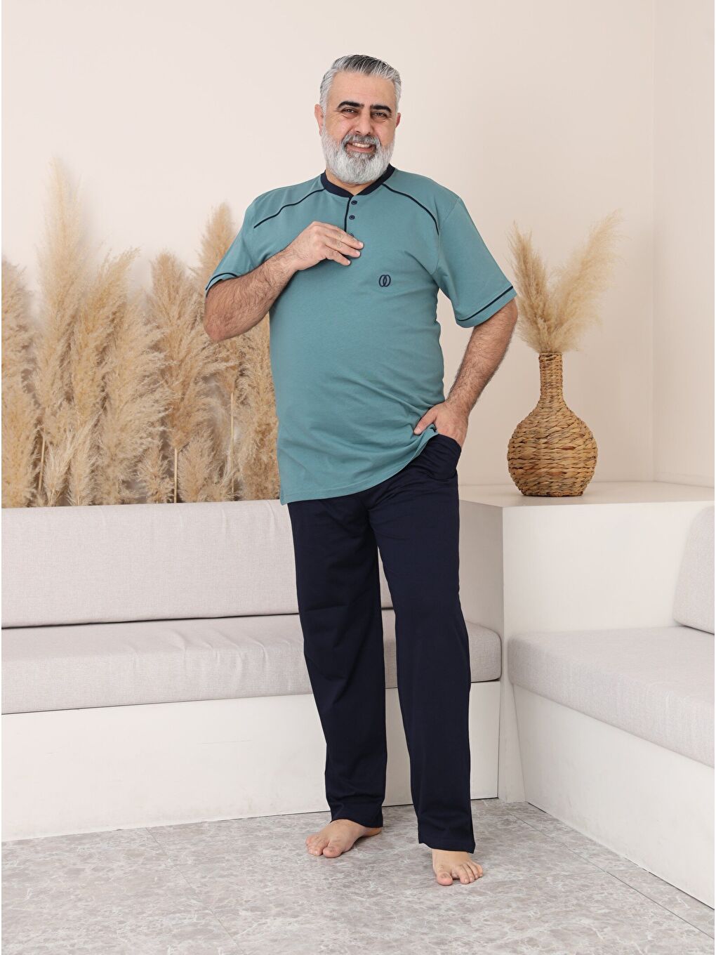 Yeşil PREMIUM Erkek %100 Doğal Pamuk Biyeli Yüksek Kaliteli Düğmeli Kısa Kollu Battal Pijama Takımı-1