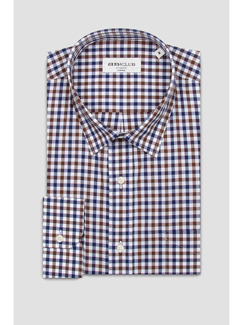 Rio Poplin Pamuklu Oversize Fit Kahverengi Klasik Yaka Erkek Kareli Gömlek-3