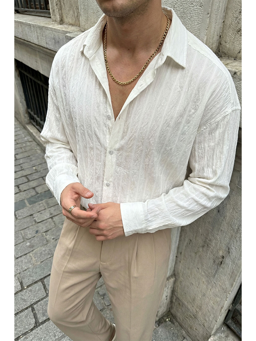 Beyaz Maze Premium Oversize Erkek Gömlek Dokulu Çizgili-2