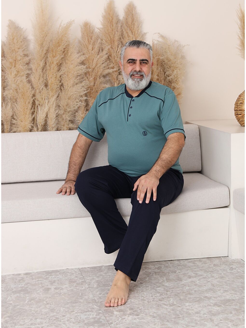 Yeşil PREMIUM Erkek %100 Doğal Pamuk Biyeli Yüksek Kaliteli Düğmeli Kısa Kollu Battal Pijama Takımı-2