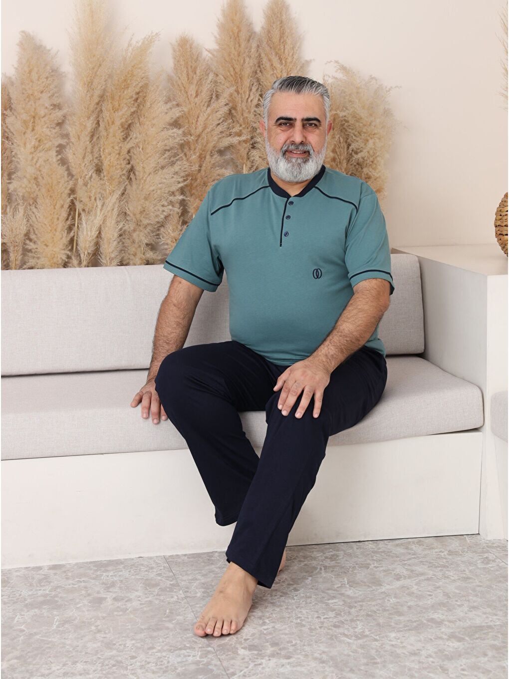 Yeşil PREMIUM Erkek %100 Doğal Pamuk Biyeli Yüksek Kaliteli Düğmeli Kısa Kollu Battal Pijama Takımı-3